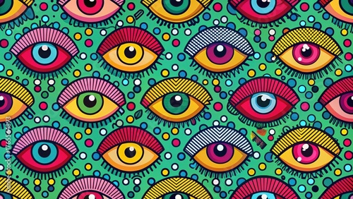 Vibrant Psychedelic Eye Pattern Featuring Bold Colors and Geometric Eyelashes on a Teal Background