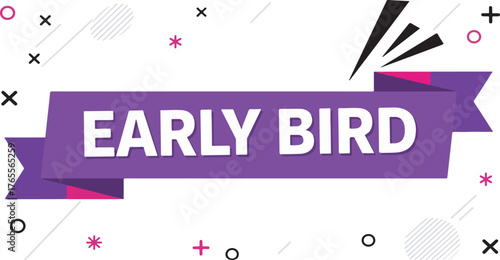 Early Bird special offer text on purple ribbon banner vector graphic for promotion and sales