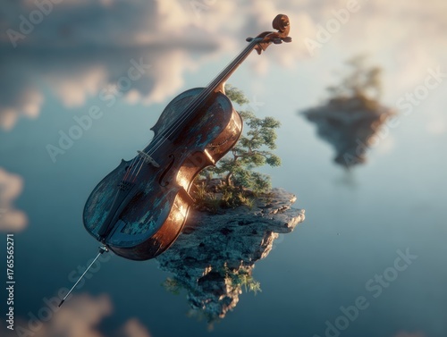 A surreal image of a weathered cello resting on a floating rock, surrounded by greenery and reflected in calm waters under a dreamy sky.