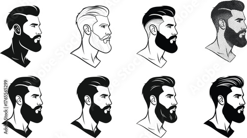 Male bearded haircut profile vector set, barber shop hairstyle illustration bundle, modern groomed men portrait icons