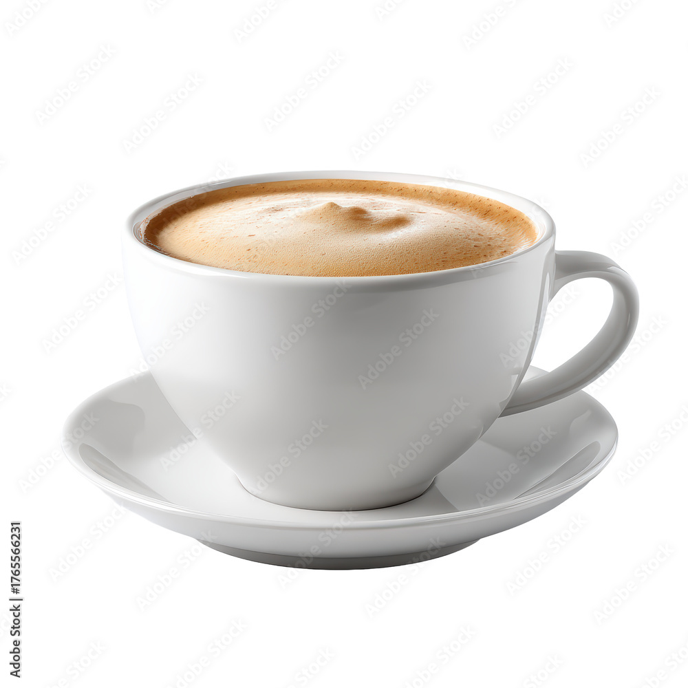 Fototapeta premium Steaming hot cappuccino in a white mug with a saucer, isolated on transparent background