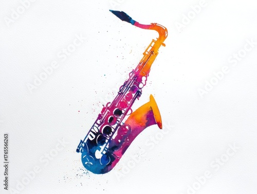A colorful watercolor illustration of a saxophone, showcasing vibrant hues and artistic splashes that evoke the essence of music.