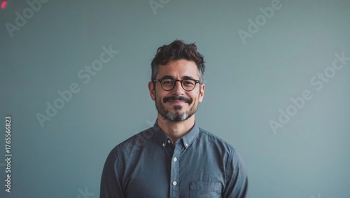 Professional smiling man with glasses and beard wearing denim shirt against mint green background in modern portrait style