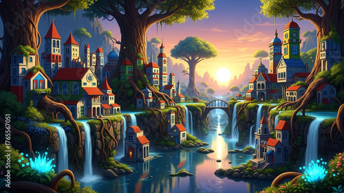 A vibrant fantasy landscape featuring a magical village nestled among giant trees and cascading waterfalls under a warm sunset sky.