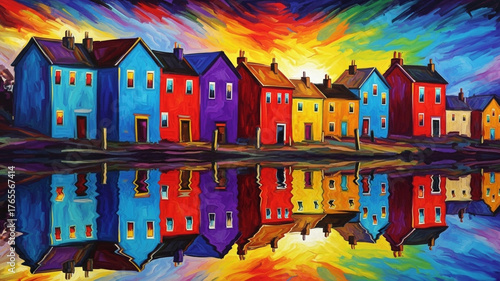 A row of brightly colored houses reflected in the water under a vibrant, abstract sky.