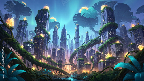 A futuristic city skyline overgrown with lush vegetation and illuminated by glowing flora under an aurora-filled sky.