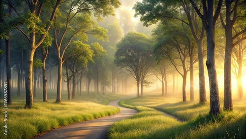 Serene Morning Path Winding Through a Misty Forest of Lush Green Trees Bathed in Golden Sunlight