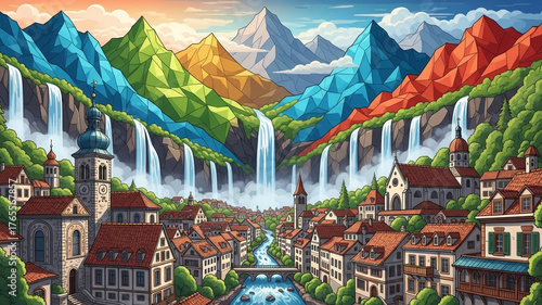 Colorful landscape featuring a town nestled in a valley with waterfalls and vibrant mountains.