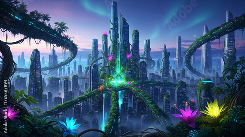 Futuristic city with lush vegetation and glowing lights under a colorful sky.