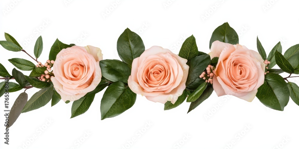 Naklejka premium beautiful arrangement of soft pink roses surrounded by lush green leaves, creating an elegant floral display.