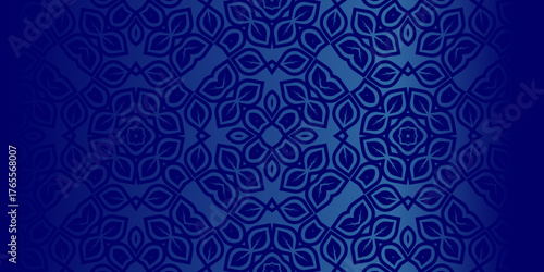 Deep Blue Ornamental Seamless Pattern Background, Dark Indigo Geometric Mandala Vector Design, Elegant Navy Blue Moroccan Style Abstract Wallpaper