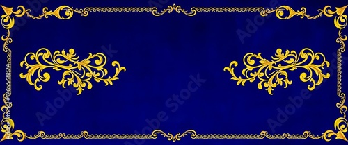 Intricate gold filigree border design on deep blue velvet, textile, embroidery