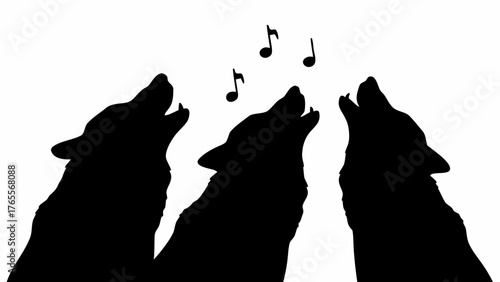 Striking silhouette of howling wolves with musical notes creates a captivating wildlife scene