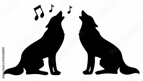 Singing wolf silhouettes create a musical duet, perfect for animal lovers and unique graphic designs