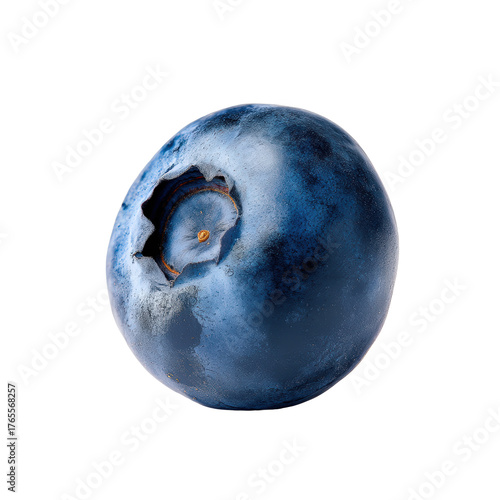 A single ripe blueberry isolated on a transparent background, showcasing its deep blue color and textured surface