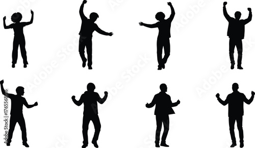 Silhouette people celebrating with raised hands and dancing poses, happy energetic motion figures for party design