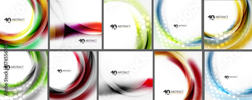Colorful abstract backgrounds, dynamic curves, smooth gradients. Designs feature bright hues, flowing shapes, modern aesthetic.