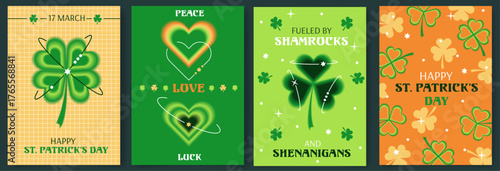 Happy St. Patricks Day design templates set.Typography poster, aura heart  and shamrock blurred gradient. Designs for for social media posts and greeting cards. Minimal blur y2k aesthetic design