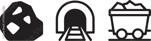 Mining industry outline icon pack showing coal, tunnel, and cart in clean vector style.