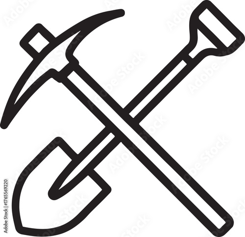 Mining pickaxe and shovel crossed outline icon in minimalist vector style for clean design.