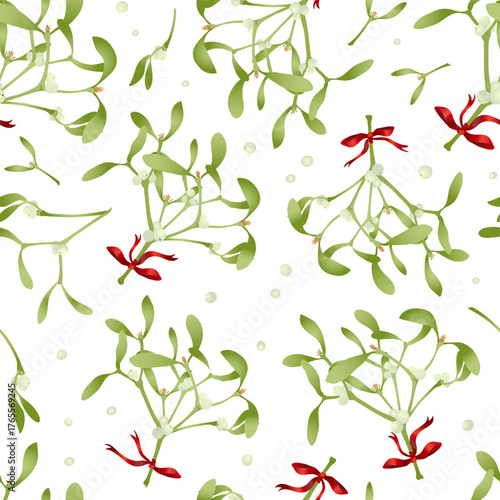 Seamless pattern with mistletoe twigs isolated on white background. Vector illustration
