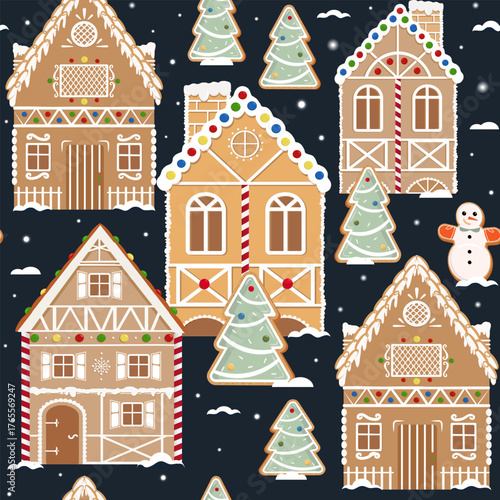 Gingerbread town. Houses, Christmas trees and snowmen on dark background. Winter holiday vector pattern