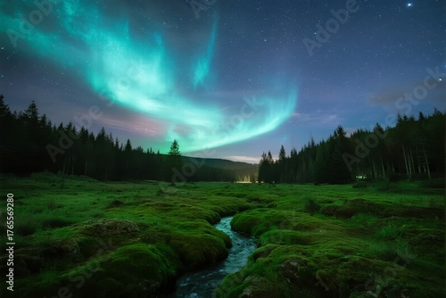 Aurora borealis illuminates a mossy forest landscape with a winding stream under a starry night sky