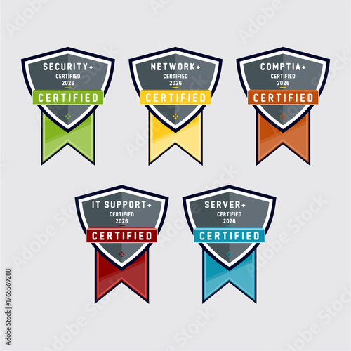 Certified badge logo design for company training badge certificates to determine based on criteria. Set bundle certify colorful vector illustration.