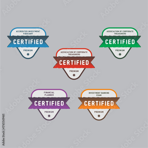 Certified badge logo design for company training badge certificates to determine based on criteria. Set bundle certify colorful vector illustration.