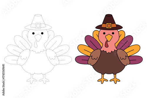 Turkey Thanksgiving Trace and Coloring Pages for Kids Thanksgiving Activity Printable Vector