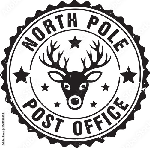 Distressed North Pole Post Office rubber stamp vector badge with reindeer and stars isolated on white