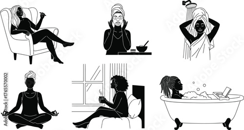 Woman self-care daily routine illustration set, relaxing beauty spa meditation shower bath coffee morning relaxation