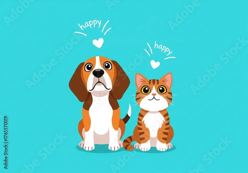 Cute Happy Dog and Cat Pets Cartoon Illustration Vector Friendship Animal