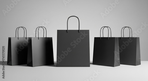 Five Blank Black Shopping Bag Mockup Templates in a Row for Retail Branding on White Background