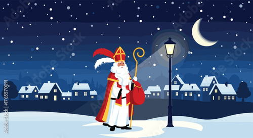 Saint Nicholas in Winter Wonderland with Gifts and Staff.