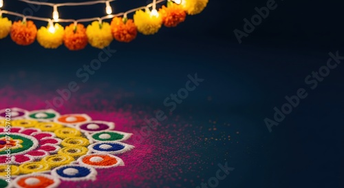 Diwali Rangoli Colorful Festival Background with Lights Marigold Decoration Indian Traditional
