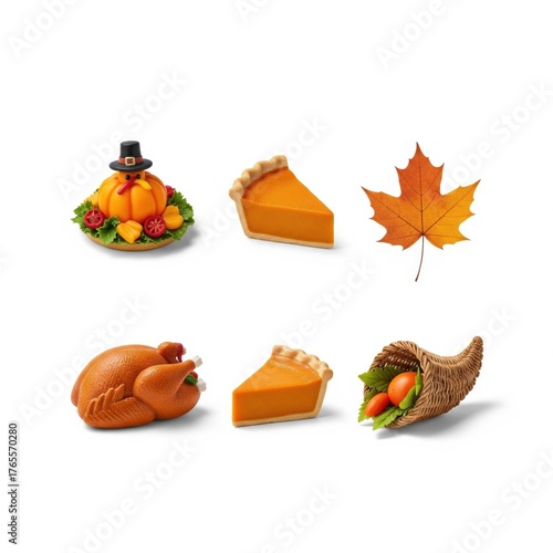 Thanksgiving Set Icon Collection Isolated on White Background with Pumpkin Pie Turkey Autumn Holiday