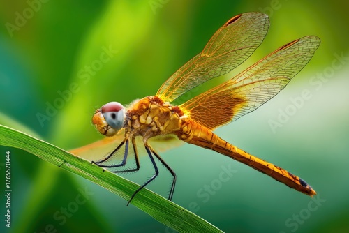 Close-up of a vibrant orange-yellow dragonfly perched on a blade of grass