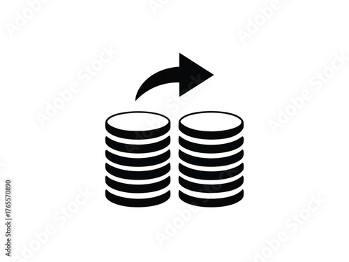 Two Stacks of Coins with Curved Arrow Icon on White Background Keywords: coin, coins, money, currency, finance