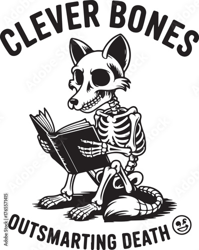 Black and white vector illustration of a skeletal fox reading a book animal