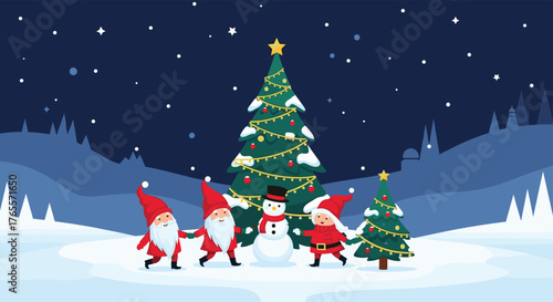 Christmas gnomes and snowman celebrate holiday season.