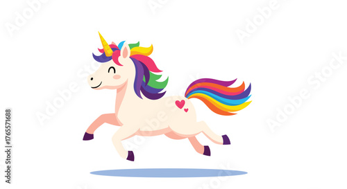 Joyful cartoon unicorn with a vibrant rainbow mane jumping happily.