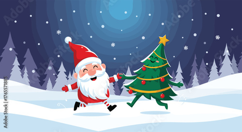 Santa Claus and Christmas Tree Dancing in Snow.