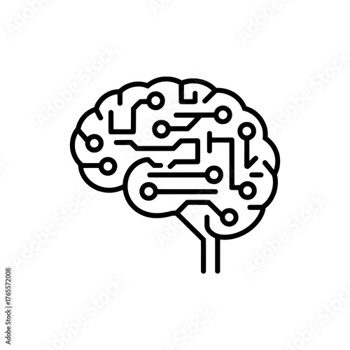 AI Brain Circuit Icon: Stylized Human Brain with Integrated Electronic Pathways, Black Outline on White, Representing Artificial Intelligence, Technology, and Digital Thinking.