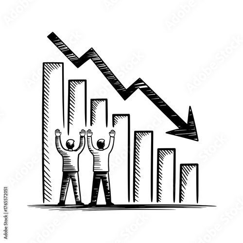 Hand-drawn Black and White Icon: Declining Bar Chart with Two Figures and Downward Arrow, Symbolizing Economic Downturn.