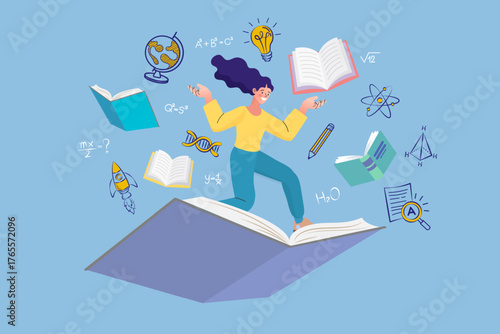 A happy female student surfs on a giant open book, flying through educational icons like atoms, rockets, and formulas. This symbolizes the adventure of learning and gaining knowledge.