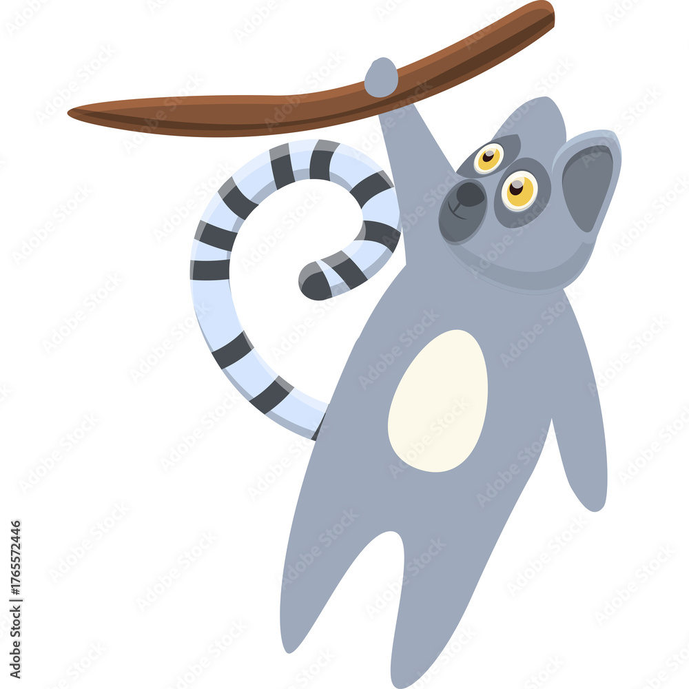 Naklejka premium Cartoon Style Lemur Hanging From A Tree Branch With A Striped Tail And Big Yellow Eyes In A Simple Flat Design
