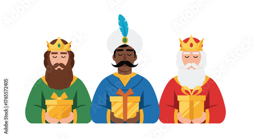 Three Wise Men Kings holding golden gifts cartoon illustration.