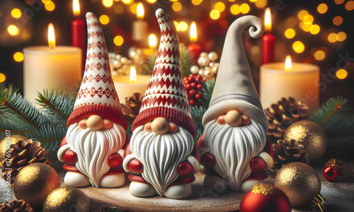 Drei lustige Weihnachts-Wichtel in einer weihnachtlichen Dekoration