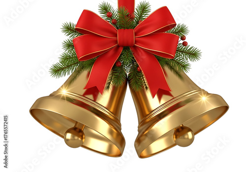 Festive golden christmas bells adorned with a vibrant red bow and evergreen sprigs isolated on transparent background